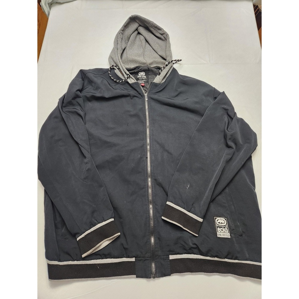 Ecko Unltd Jacket Mens 5XL Black Hooded Full Zip Rhino Patch Streetwear Bomber